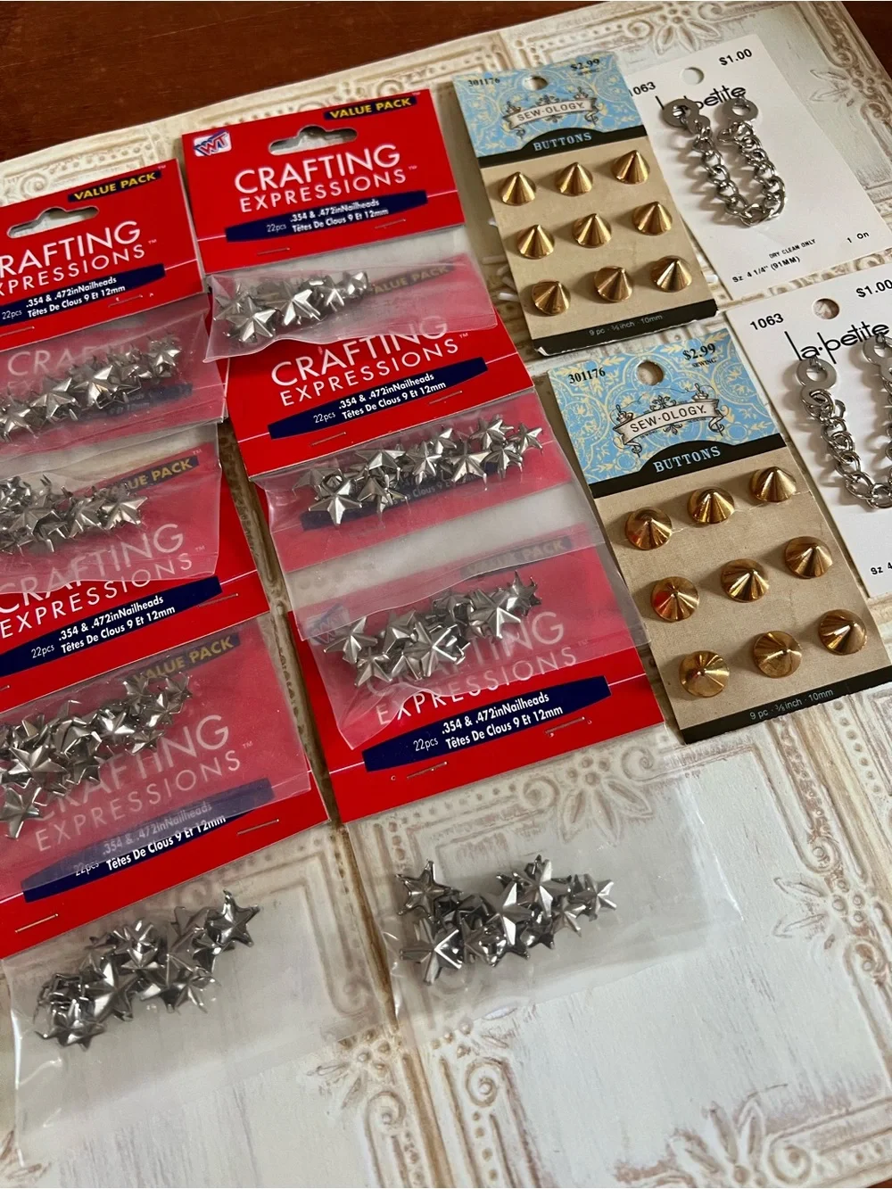 Lot of New Buttons, Nailheads, & Chain Connectors Silver Stars Gold Studs